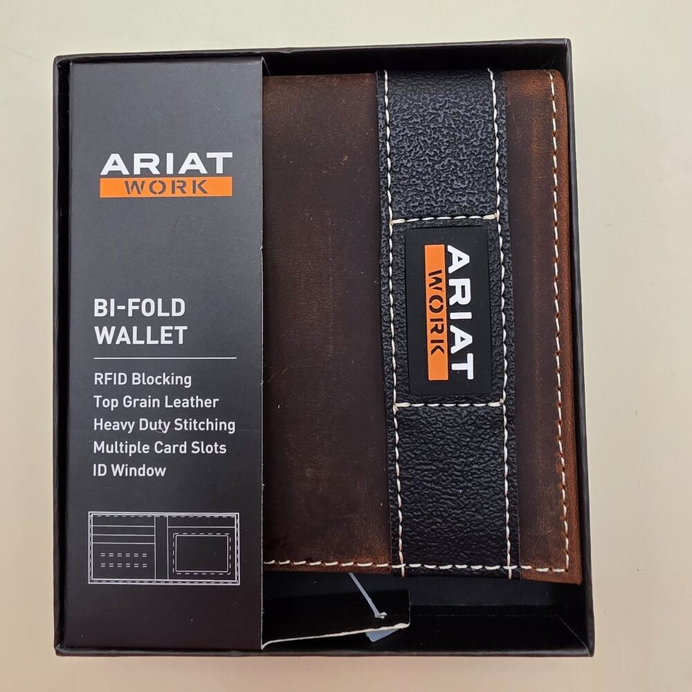 Ariat Work Bi-fold Wallet RFID Blocking Top Grain Leather ID Window A3400202
